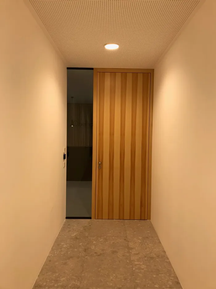 Flur mit heller Holz­tür und Glas­element in moderner Innen­architektur