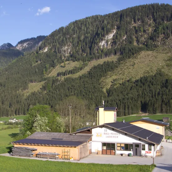 Sägewerk in ländlicher Landschaft mit Wiesen und bewaldeten Bergen im Hintergrund