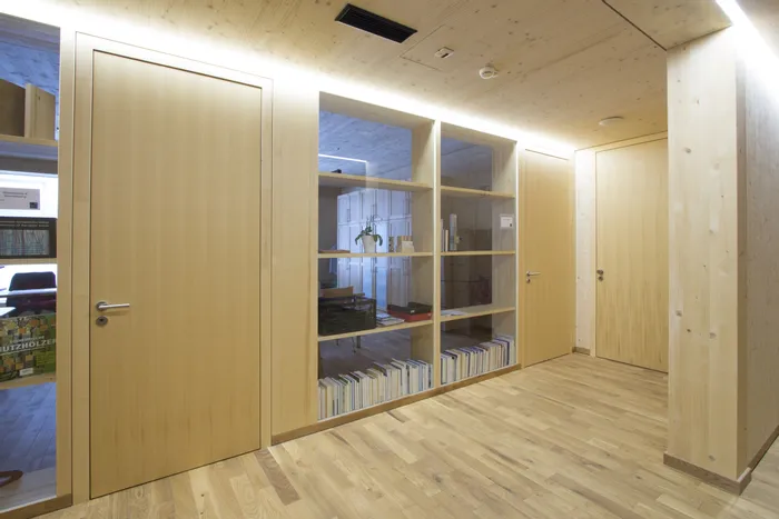 Moderner Büroflur mit Holzwänden, Türen und Regal mit Büchern und Pflanzen