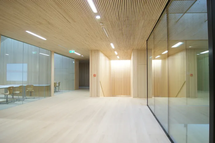 Heller moderner Büroraum mit Glaswänden, Holzverkleidung und Konferenztisch mit Stühlen