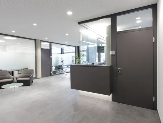 Moderne Empfangshalle mit grauem Tresen, Glastüren und Wartebereich mit Sesseln